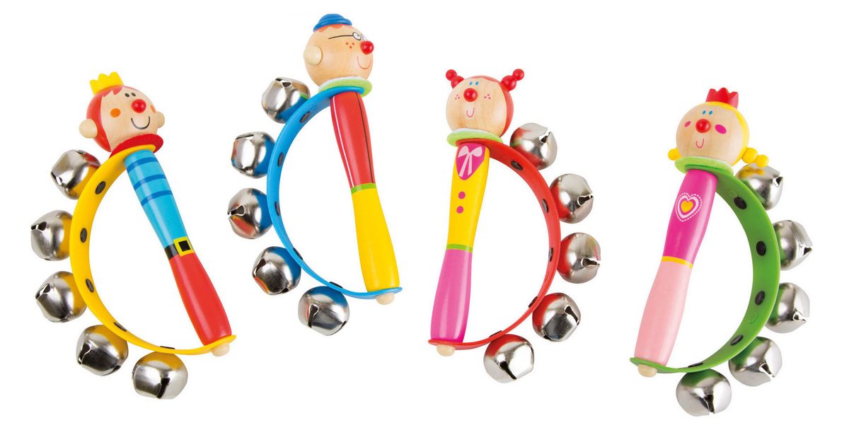 Baby-Rasselarmband mit Glöckchen auf buntem Textilband