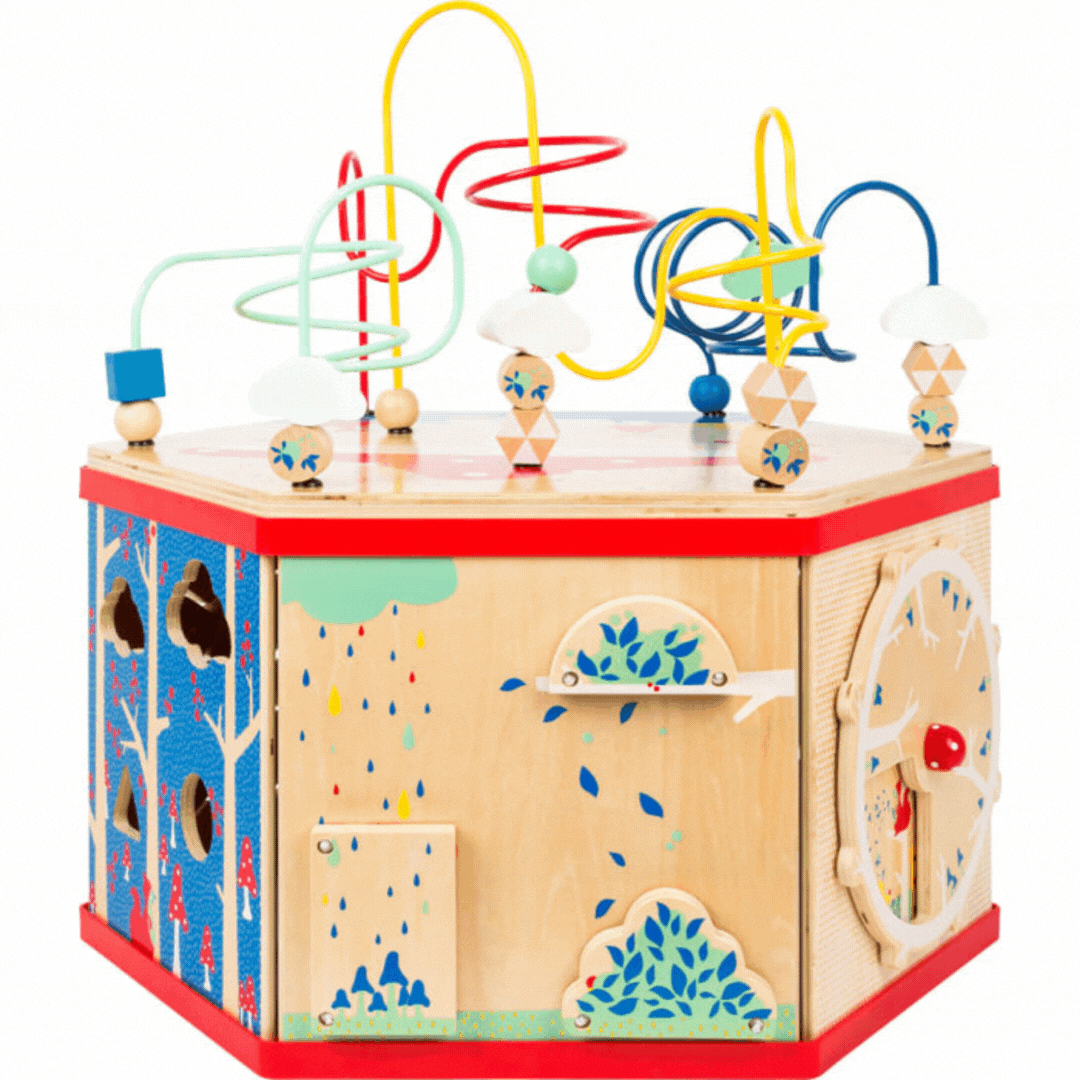 Animierter Motorikwürfel XL aus Holz mit vielseitigen Spielstationen