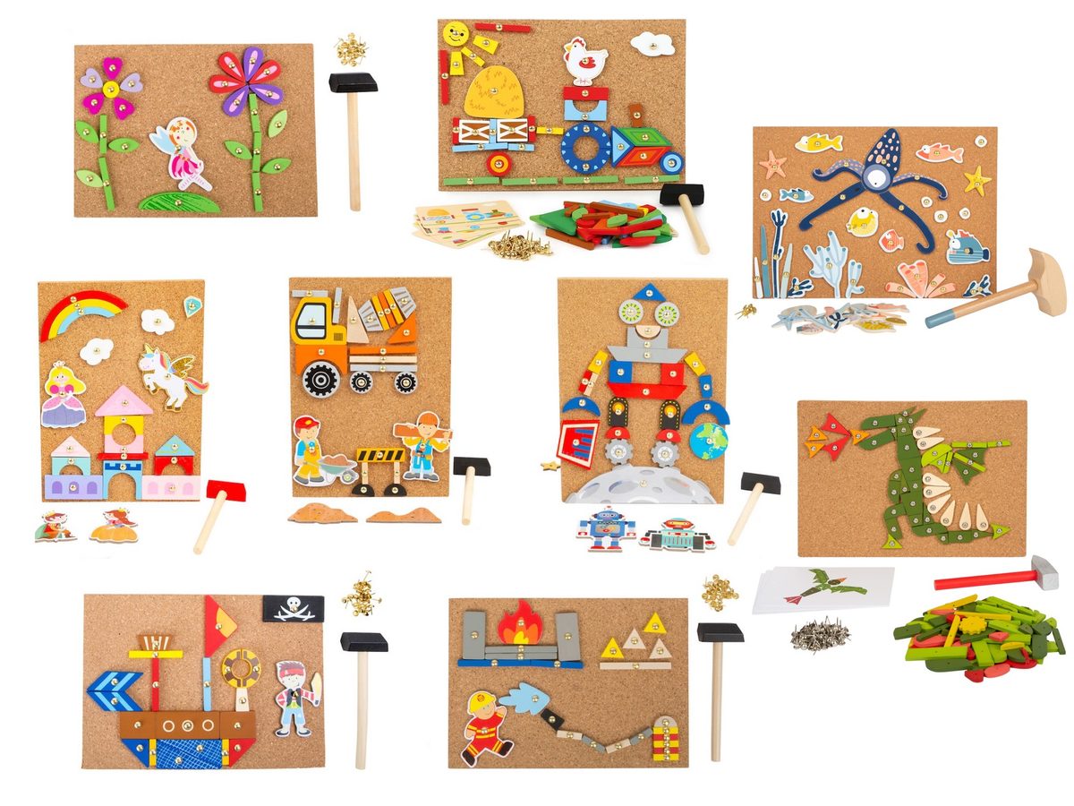 Hämmerchenspiel aus Holz mit dicker Naturkorkplatte und bunten geometrischen Formen