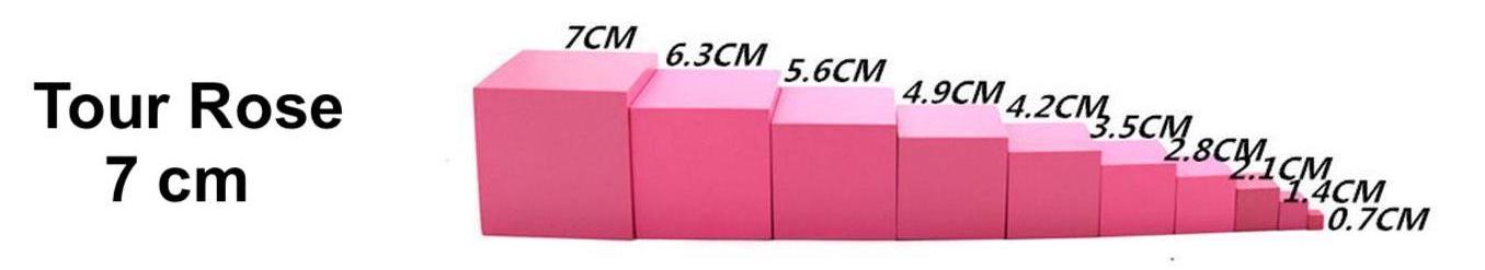 Abstufung der 10 Holzwürfel des Rosa Turms von 0,7 cm bis 7 cm