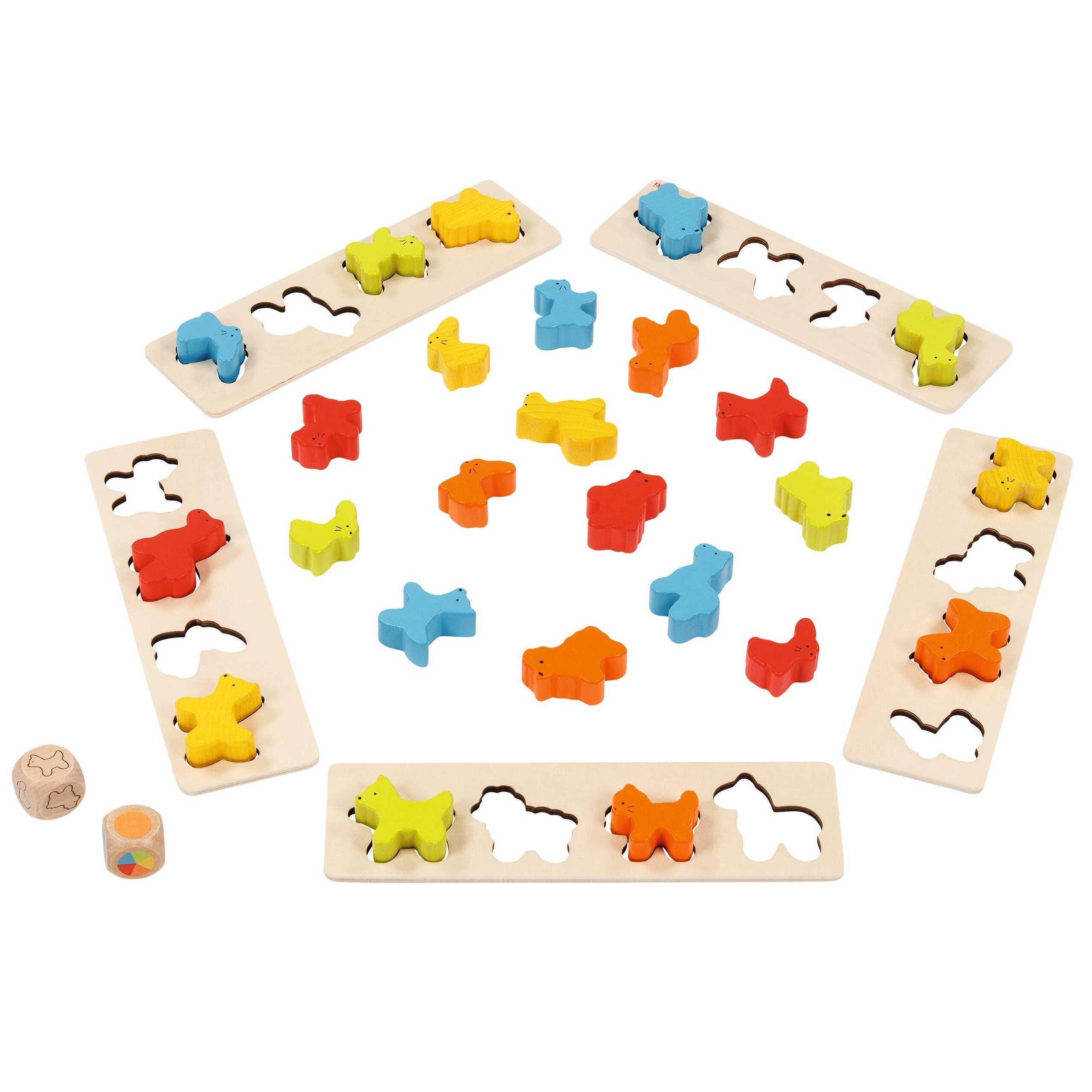 Farben-und-Formen-Spiel aus Holz – Sortierspiel Tiere mit Würfeln
