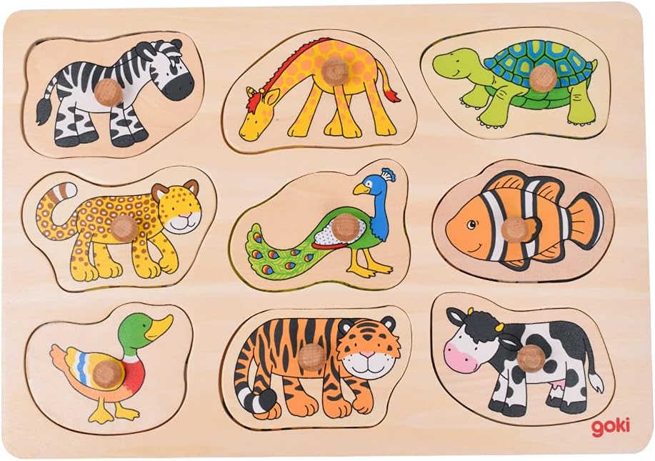 Montessori-Holzpuzzle in Tierform – 9 Tiere mit Knöpfen