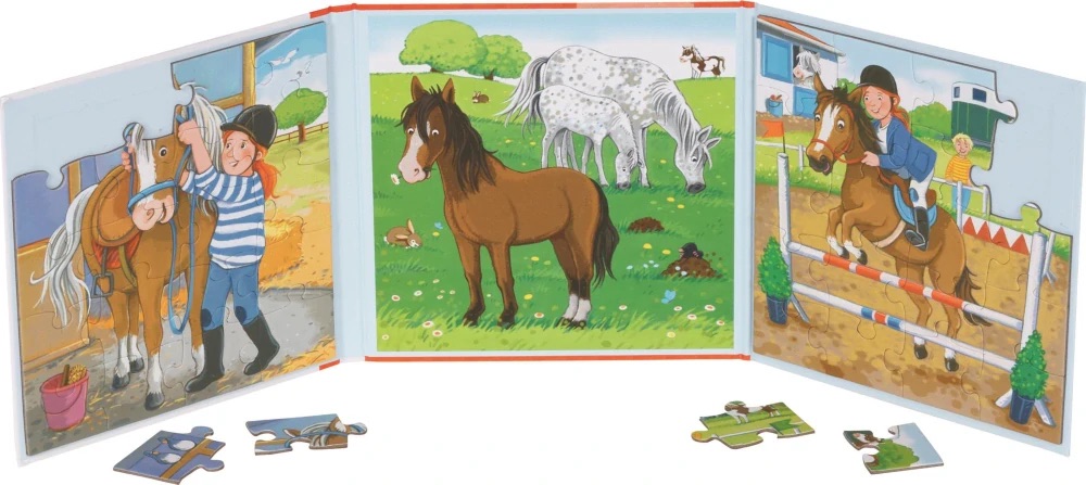 Puzzle mit 20 Teilen im Buchformat – Reiterhof, 2 magnetische Szenen