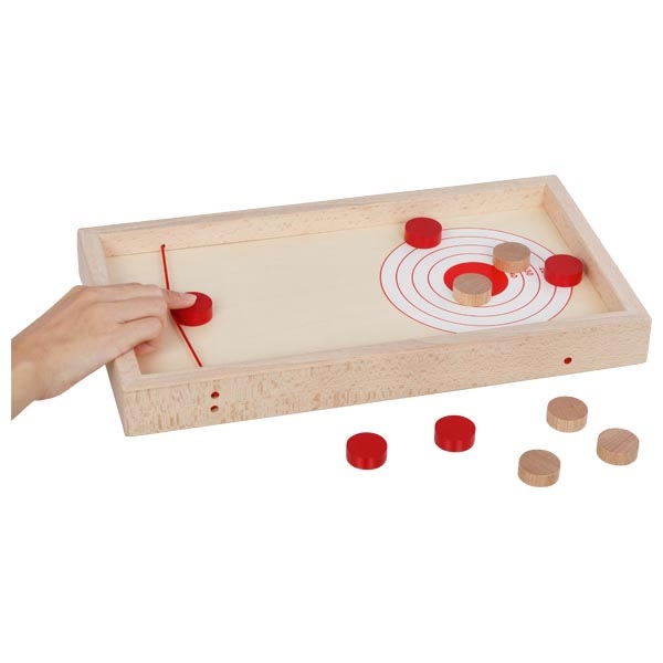 Tischcurling aus Holz mit Schleuderduell – 2-in-1-Wendebrett, 10 Pucks - Ansicht 4