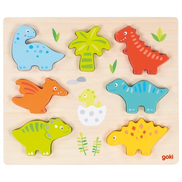 Montessori Dino-Puzzle aus Holz – 6 Dinosaurier und eine Palme